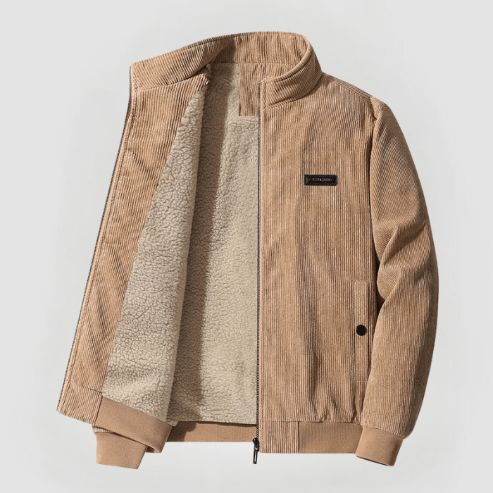 Beige heren winterjack met zachte voering en relaxte pasvorm. Stijlvol en warm, perfect als veelzijdig herfstjack.