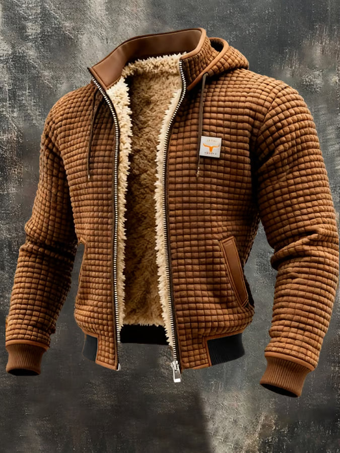 Warm heren wafeljack met capuchon en ritssluiting, ideaal voor casual winterdagen en buitenactiviteiten.
