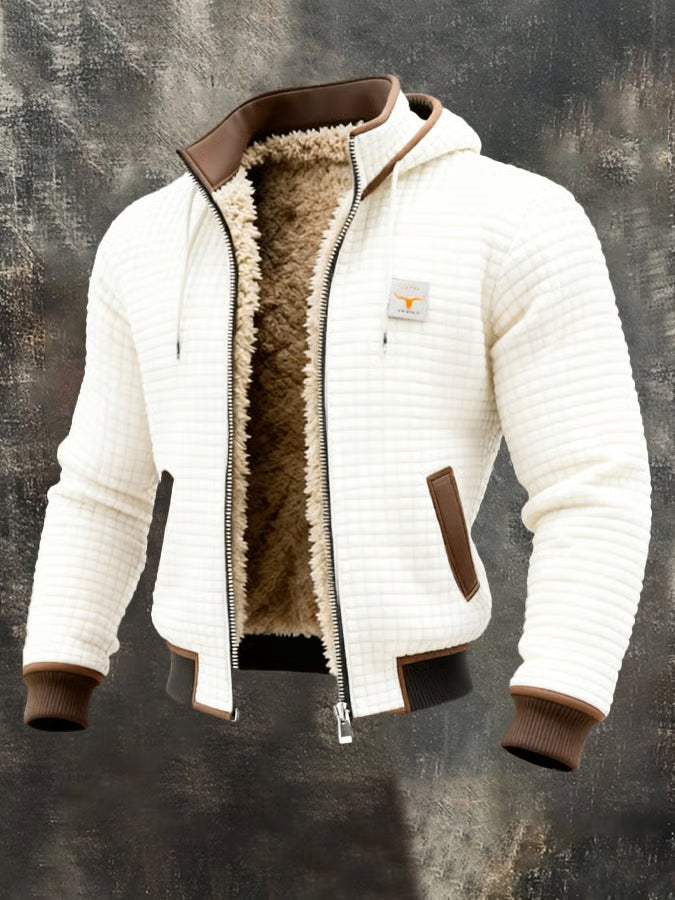 Stijlvol heren capuchonjack van wafelstof, met volledige ritssluiting en warme voering, casual look.