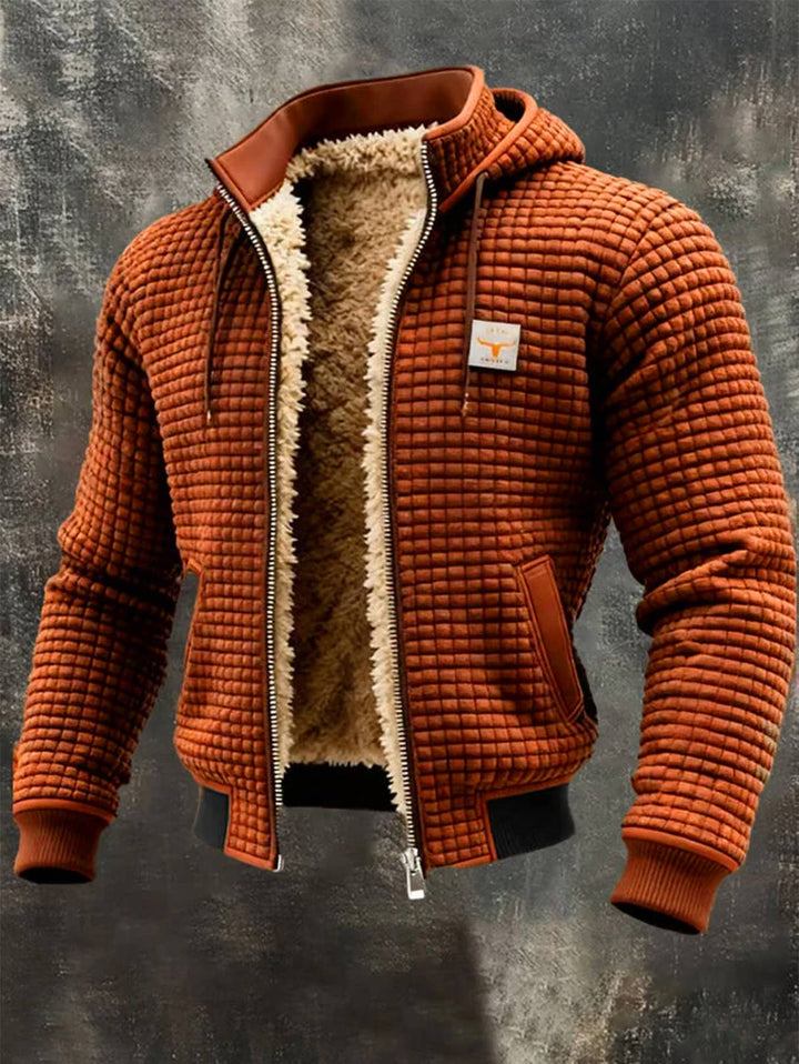 Gedetailleerd heren wafeljack, warm, met stevige ritssluiting en verstelbare capuchon, ideaal voor de winter.