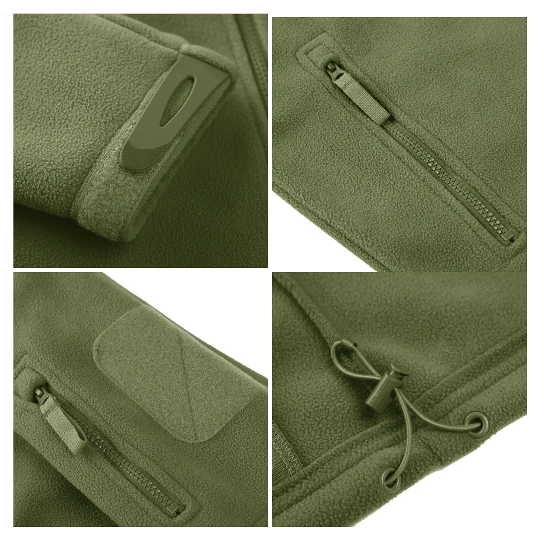 Groen herenjack, warm en functioneel met hoge kraag en ritszakken, geschikt voor outdoor avonturen.