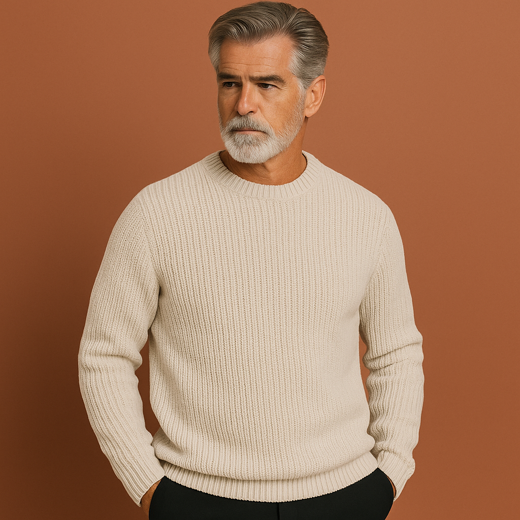 Comfortabele herentrui met rondehals. Zachte warme pullover, essentieel voor herfst en winter mode collectie.