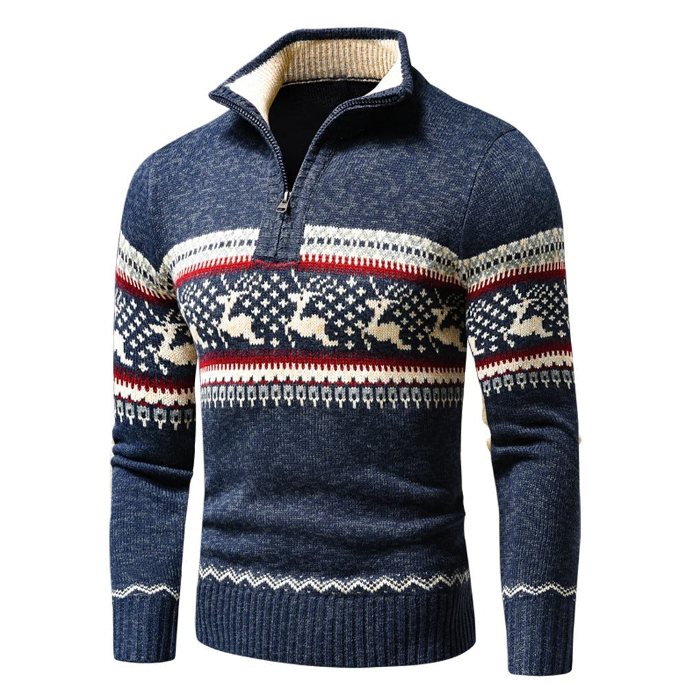 "Warme herensweater met halve rits en hoge kraag, ideale keuze voor stijl en comfort in koud weer."