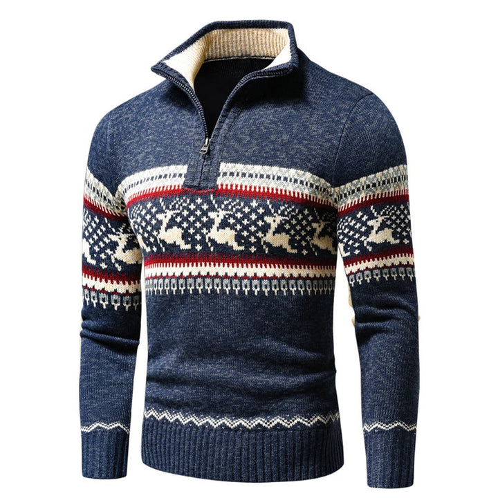 "Warme herensweater met halve rits en hoge kraag, ideale keuze voor stijl en comfort in koud weer."