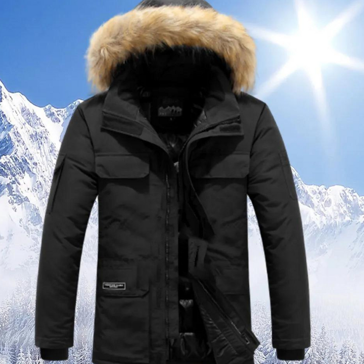 Duurzame, waterafstotende stof van een heren winterparka. Ideaal voor koude, natte winterdagen.