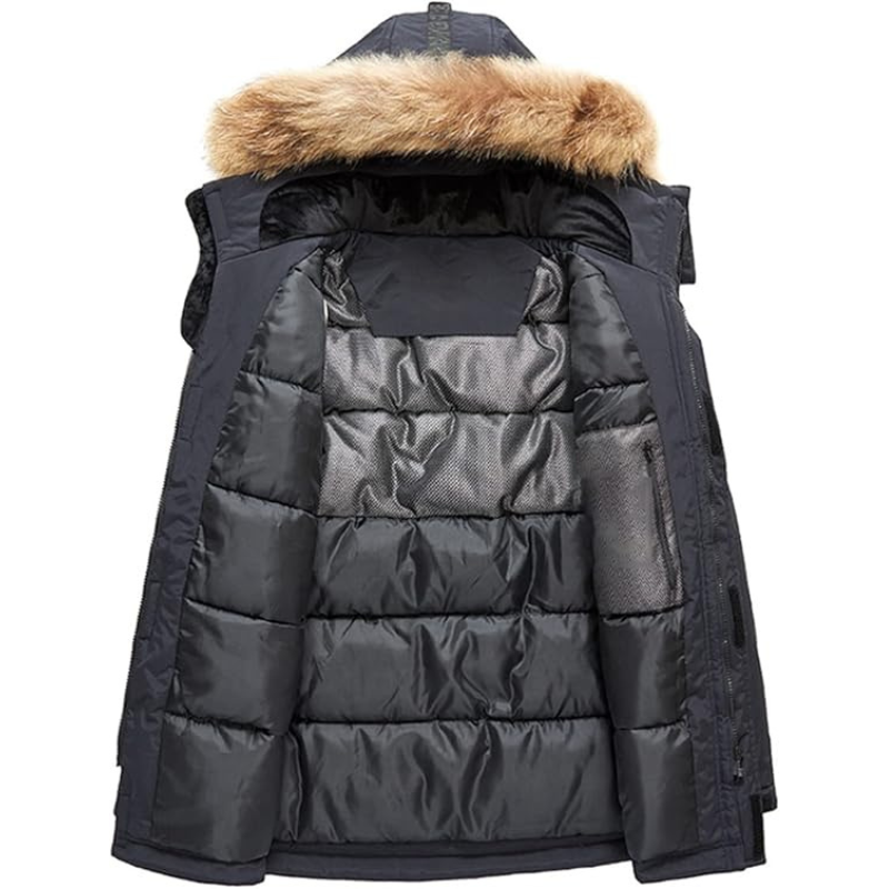 Extra warme heren winterparka met zachte voering en bontkraag. Comfortabele jas tegen extreme kou.