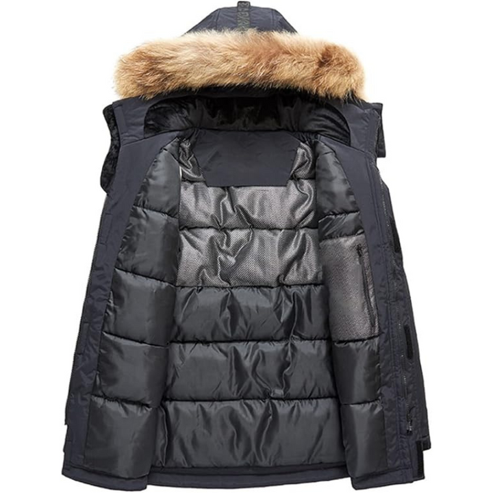 Extra warme heren winterparka met zachte voering en bontkraag. Comfortabele jas tegen extreme kou.