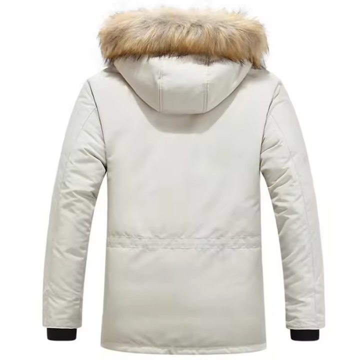 Functionele heren parka met capuchon, weerbestendig en ruime zakken. Praktische lange winterjas.