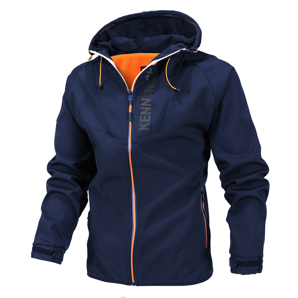 Waterdichte en winddichte herenjas, stijlvol design, marineblauw/oranje, ademend en lichtgewicht, perfect voor alle seizoenen.