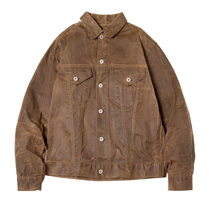 "Waterafstotende waxed canvas herenjas met vintage design, knoopsluiting en borstzakken, ideaal voor elk seizoen."