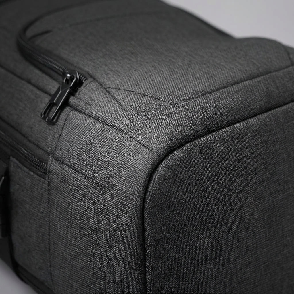 Compacte waterbestendige laptoprugzak FlightFold voor zakenreizen; beschermt spullen tegen regen en schokken.