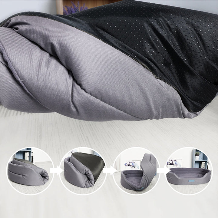 Waterdicht en comfortabel hondenbed met zachte vulling, verkrijgbaar in blauw, grijs, groen, en rood voor binnen- en buitengebruik.