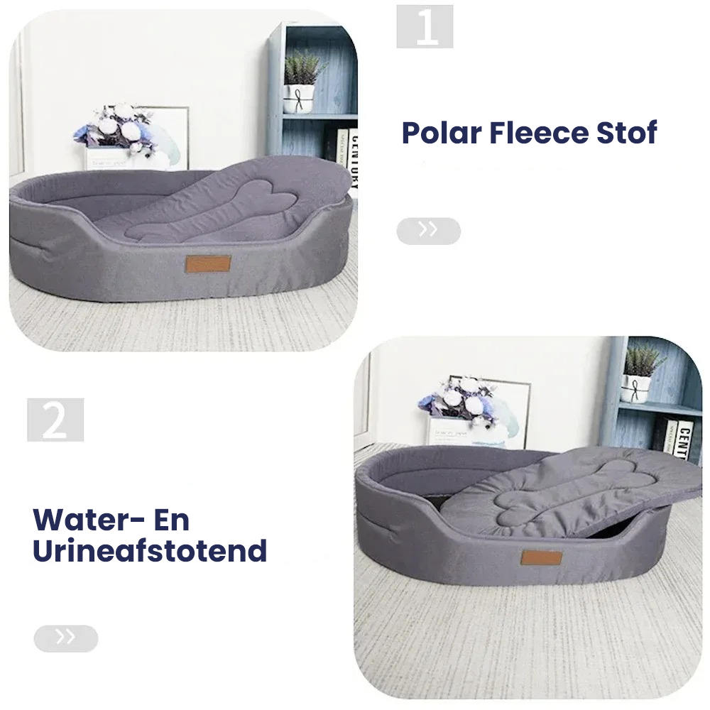 Waterdicht en comfortabel hondenbed met zachte vulling, verkrijgbaar in blauw, grijs, groen, en rood voor binnen- en buitengebruik.