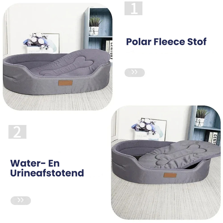 Waterdicht en comfortabel hondenbed met zachte vulling, verkrijgbaar in blauw, grijs, groen, en rood voor binnen- en buitengebruik.