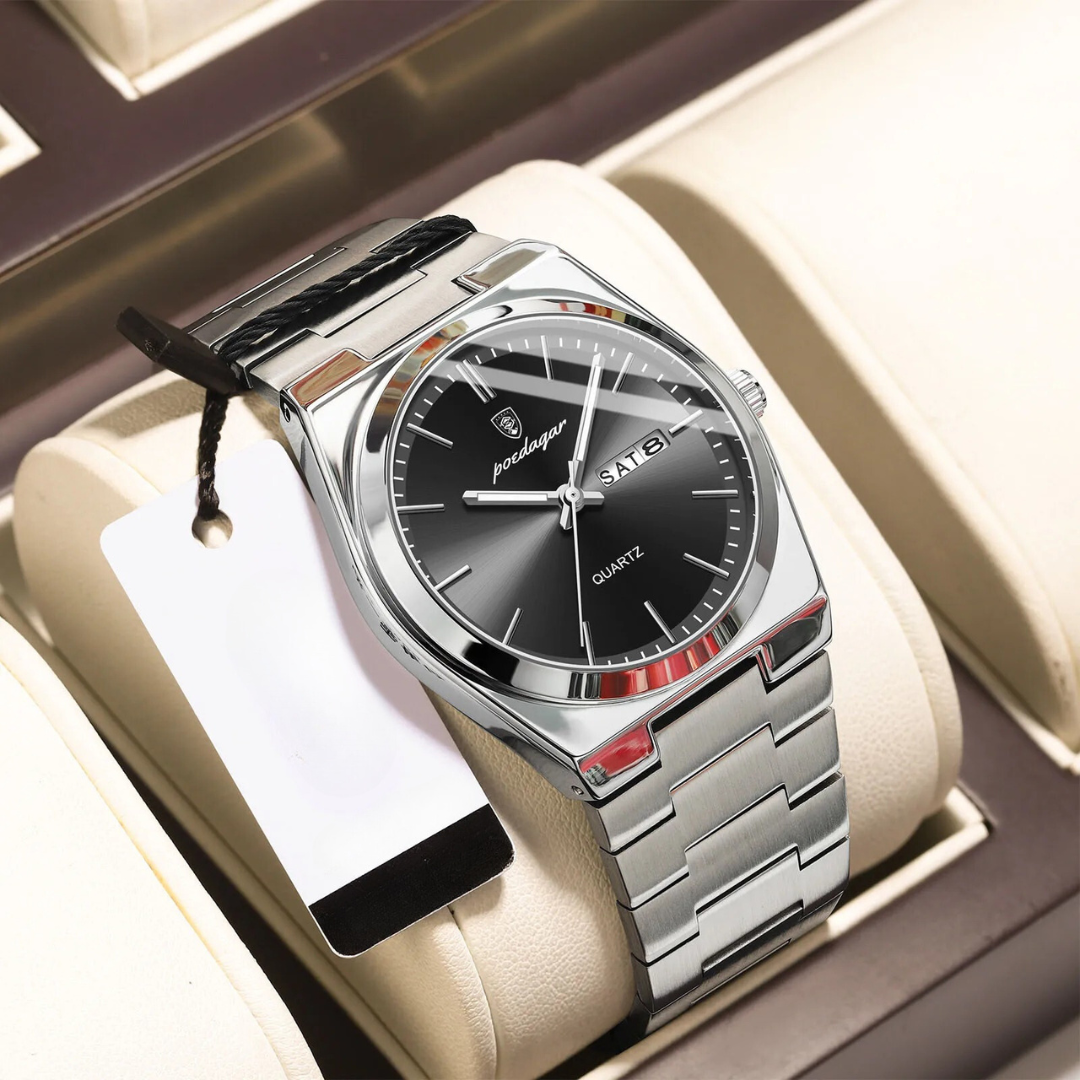 "Waterdicht roestvrijstalen herenhorloge, rond, zilverkleurig, elegant ontwerp met lichtgevende wijzers, 40mm wijzerplaat."
