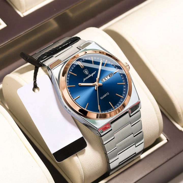 "Waterdicht roestvrijstalen herenhorloge, rond, zilverkleurig, elegant ontwerp met lichtgevende wijzers, 40mm wijzerplaat."