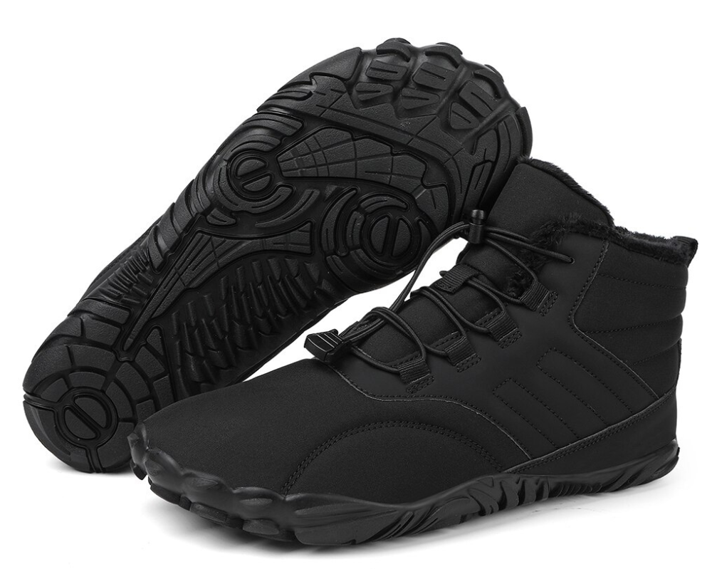 "Waterdichte ArcticBare Flex™ winter schoenen met antislip zool, ideale barefoot stijl in donkerblauwe en grijze tinten."