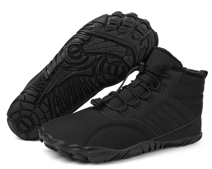 "Waterdichte ArcticBare Flex™ winter schoenen met antislip zool, ideale barefoot stijl in donkerblauwe en grijze tinten."
