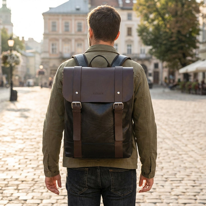 Waterdichte leren rugzak Velluno, unisex. Ideaal voor werk, reizen en laptop. Duurzaam en stijlvol in bruin/zwart.