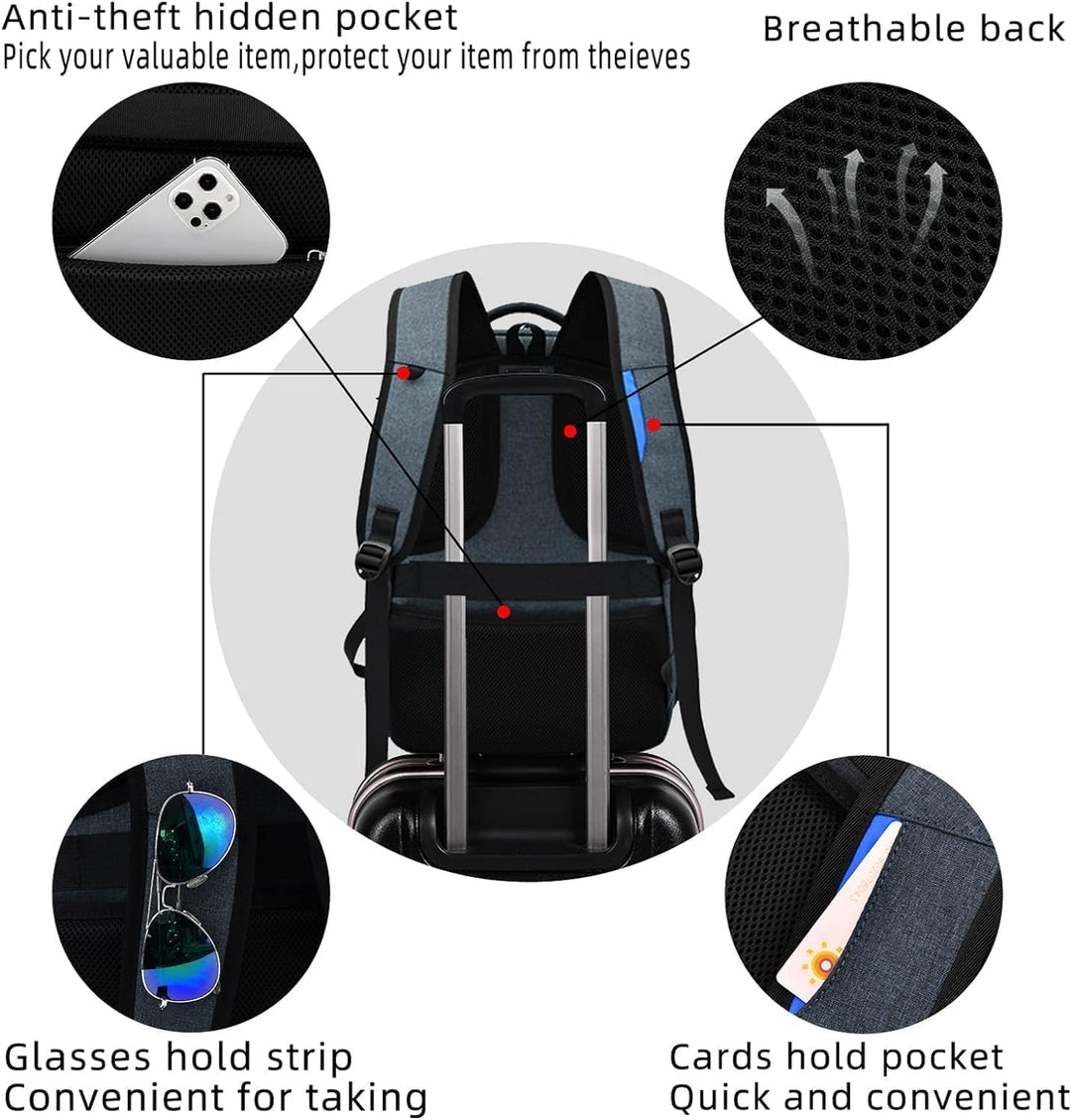 Unisex 17 inch laptop rugzak, waterdicht en perfect voor reizen of werk, met geïntegreerde USB oplaadpoort.