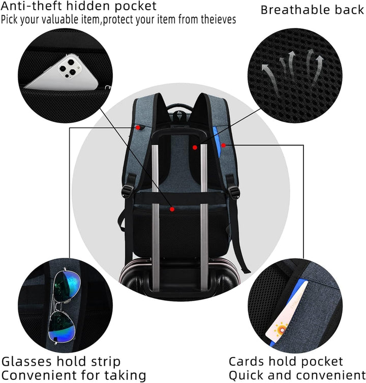 Unisex 17 inch laptop rugzak, waterdicht en perfect voor reizen of werk, met geïntegreerde USB oplaadpoort.