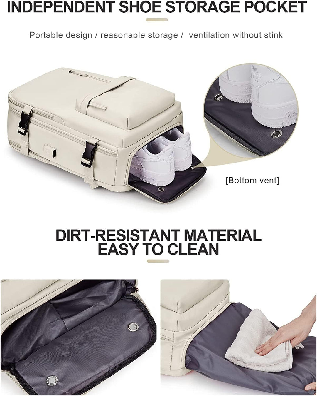 Ruime waterdichte reisrugzak, gevuld met reisbenodigdheden, laptop en schoenen voor een trip.