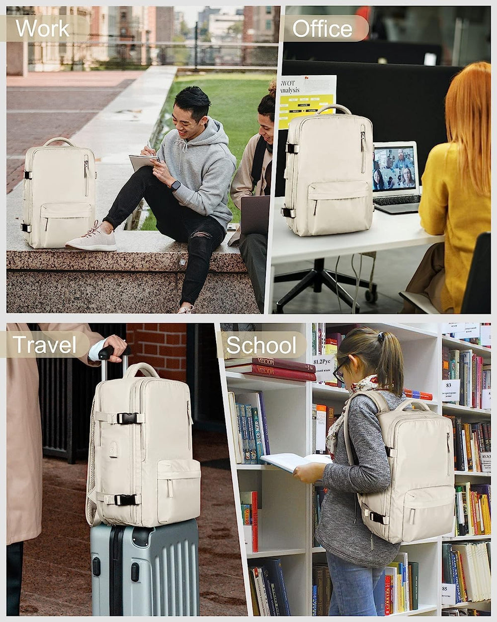 Beige waterdichte reisrugzak voor reizen, met apart schoenenvak en speciaal laptopvak.