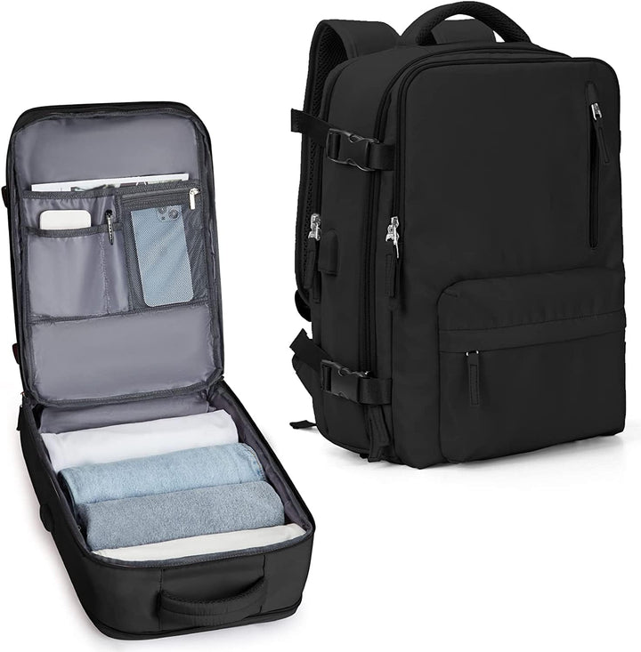 Binnenzijde waterdichte reisrugzak met beschermd 14 inch laptopvak en meerdere organisatievakken.
