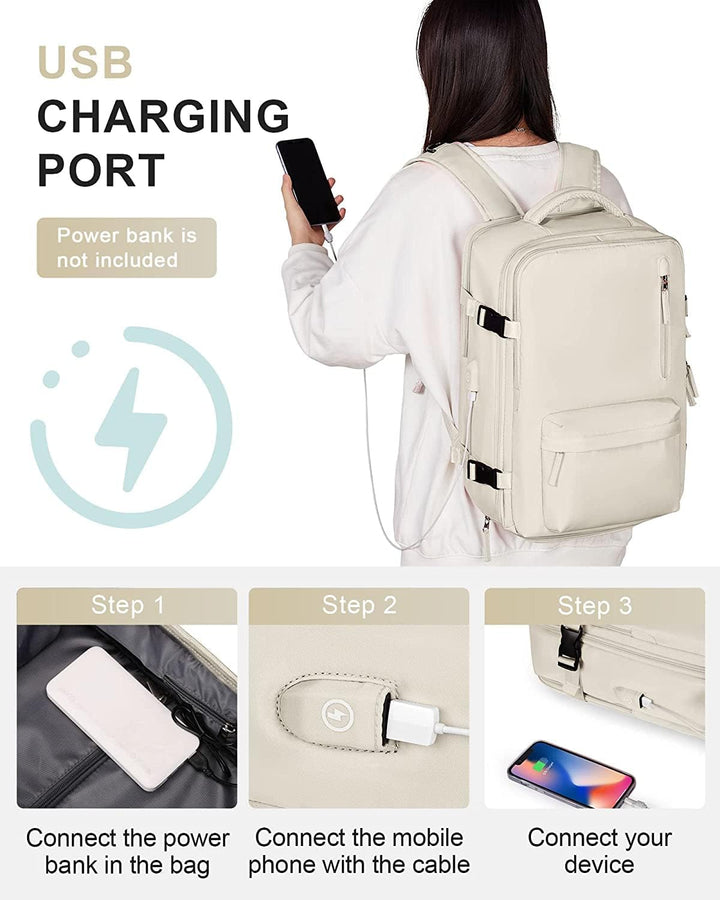 Zijkant van de waterdichte reisrugzak met externe USB-oplaadpoort voor gemakkelijk opladen.