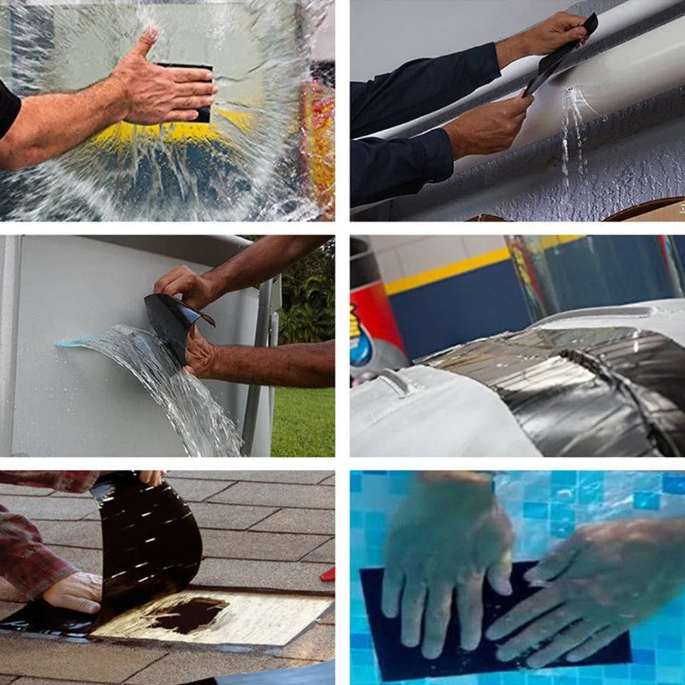 Duurzame reparatietape voor het afdichten van scheuren in dakbedekking, tenten en plastic.
