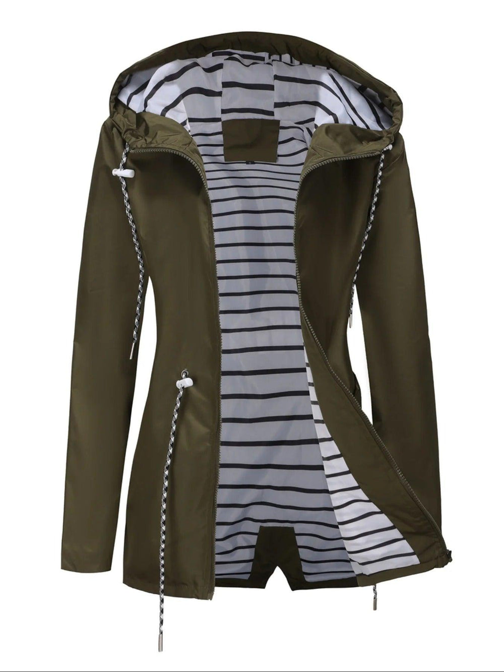 "Weerbestendige damesjas met capuchon in herfstkleuren, wind- en waterdicht, perfect voor regenachtig weer."