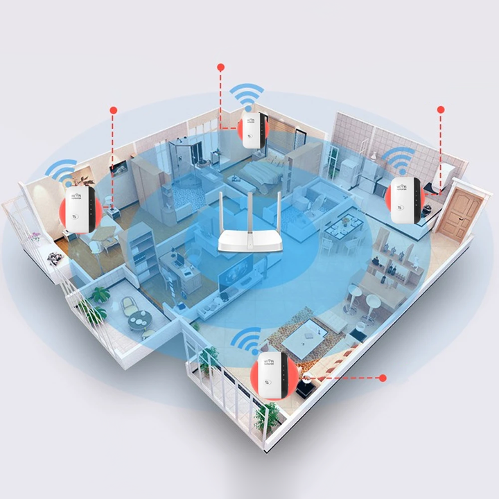 "Wit, compacte WiFi-versterker met interne antennes, geschikt voor stopcontact. Verbetert signaalbereik en internetsnelheid."