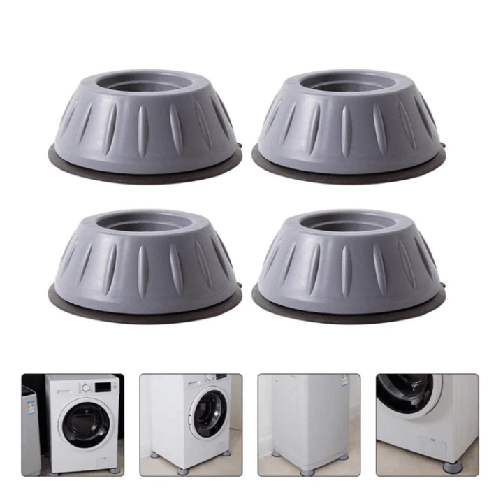 "Wit-grijze absorberende wasmachine pads, dempen geluid en trillingen, beschermen vloer, set van vier, eenvoudig te plaatsen.