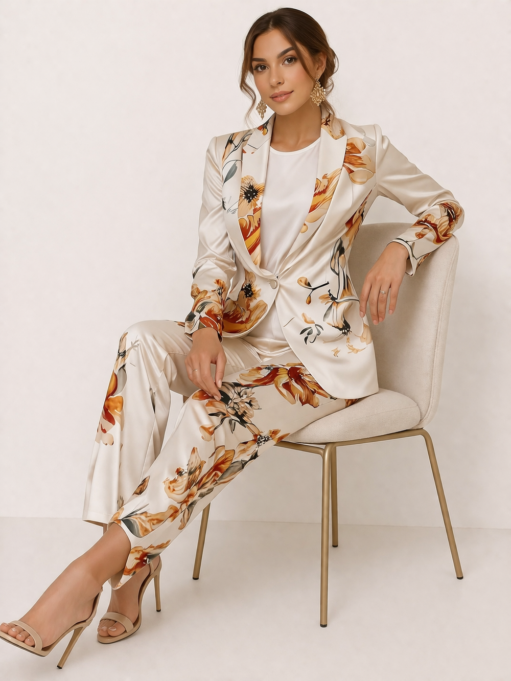 Tweedelige dameskleding set: blazer en broek met chique bloemenprint, ideaal voor een elegante zomerse look.