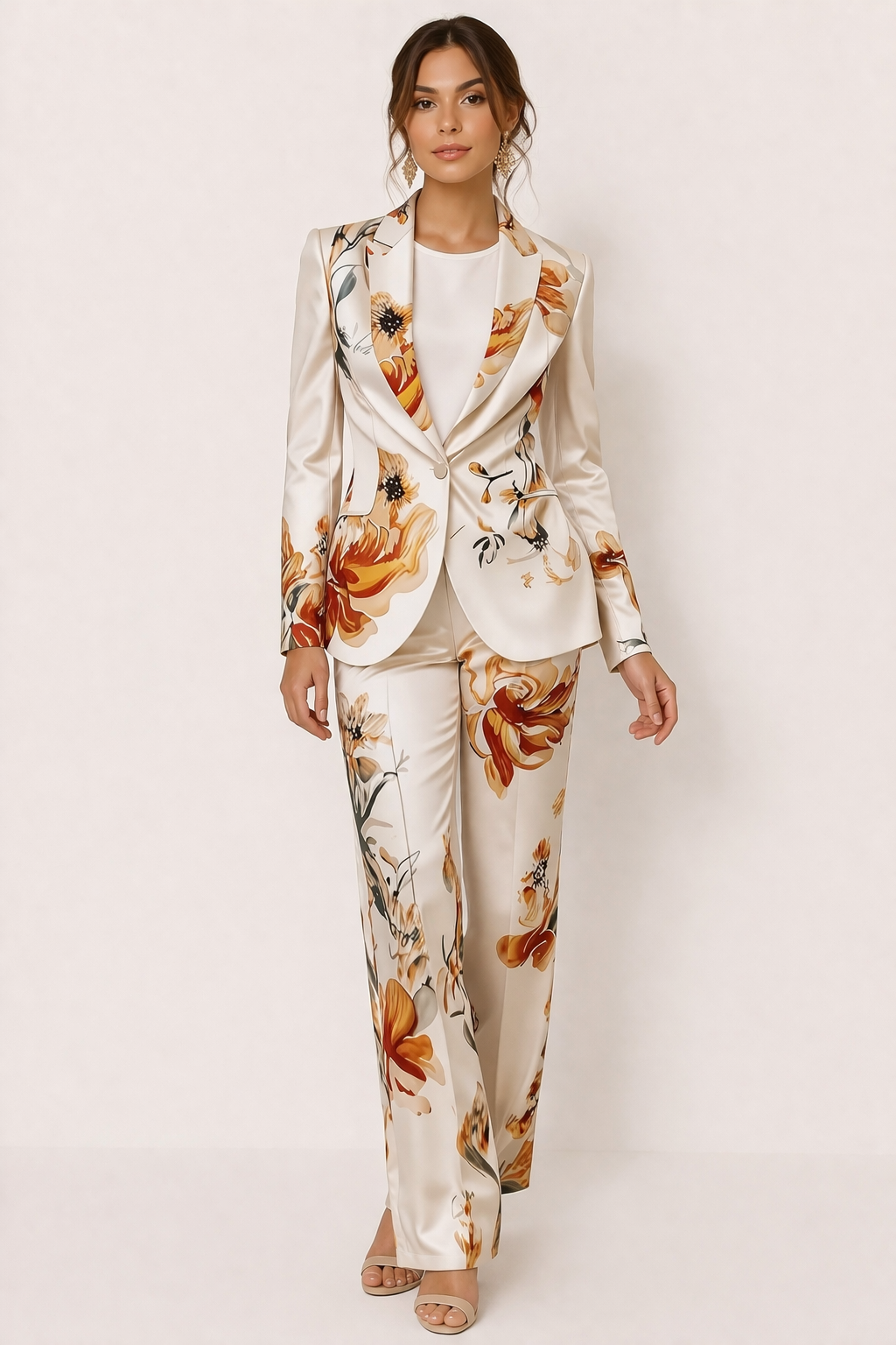 Dames outfit met bloemenprint: stijlvolle witte blazer en bijpassende broek, geschikt voor kantoor of lente.