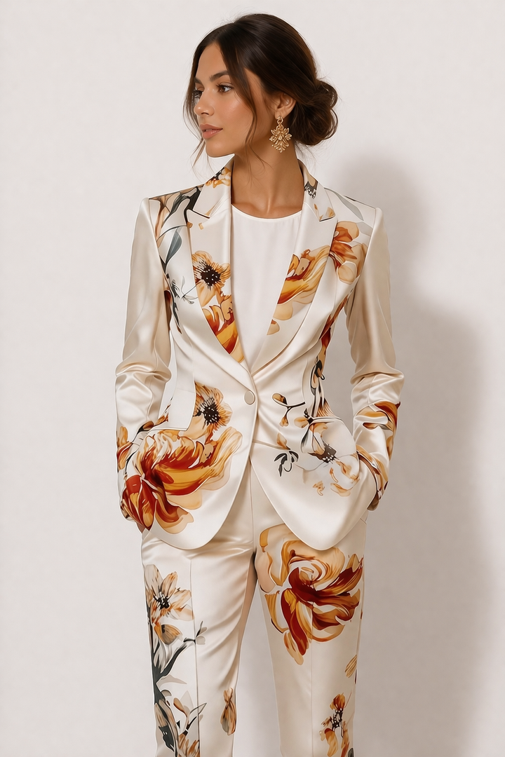 Elegante dames blazer broek set in wit met verfijnde bloemenprint, een must-have voor zomerse dameskleding.