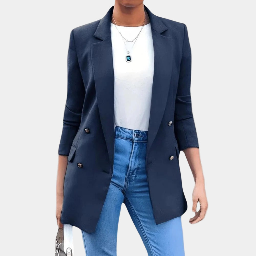 Roze modieuze blazer voor dames, met chique gouden knopen en strakke pasvorm, voor zowel casual als zakelijk.