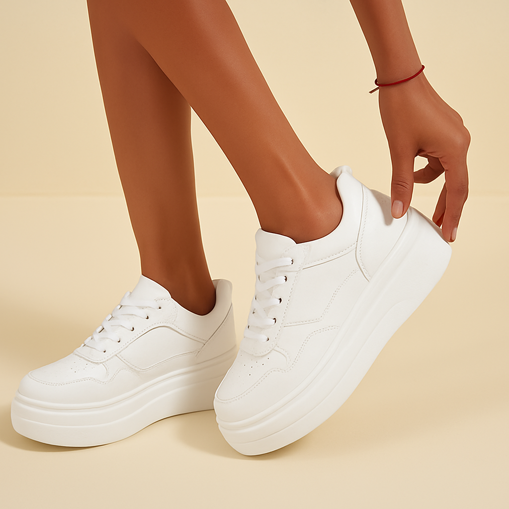 Witte dames sneakers met trendy plateauzool en vetersluiting, ideaal voor een comfortabele en modieuze casual look.
