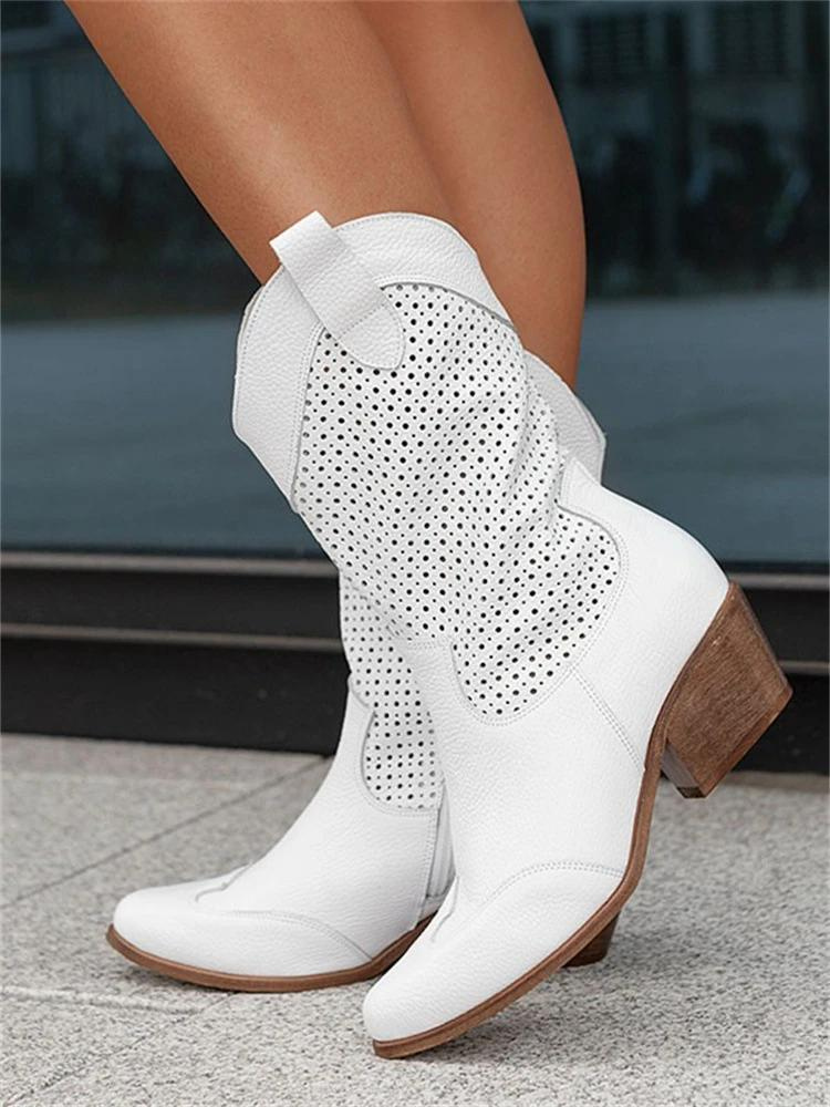 Trendy witte dames cowboylaarzen (Rheya) voor festivals en zomerse outfits. Comfortabele blokhak.
