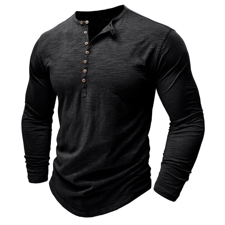Zacht katoenen heren Henley shirt, lange mouw, casual look, ultrazachte stof, stijlvolle zeven knopen, flatterende pasvorm.