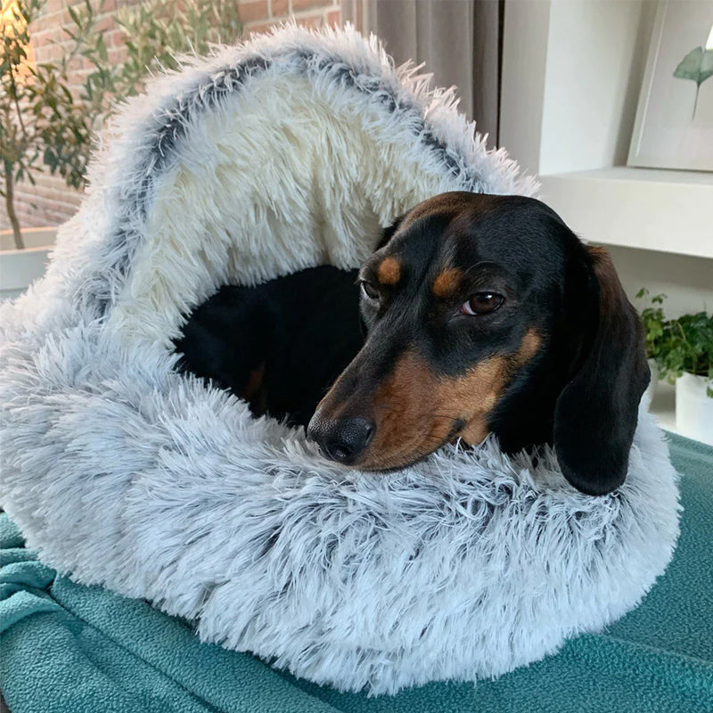Orthopedisch honden grottenbed Cozycave van pluche, biedt veilige haven en angstvermindering voor huisdieren.