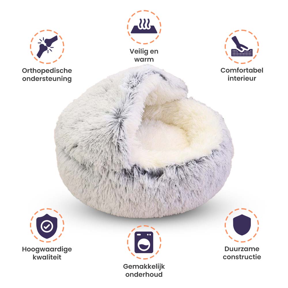 Warm en knus grottenbed voor honden, de Cozycave vermindert angst en zorgt voor diepe ontspanning.