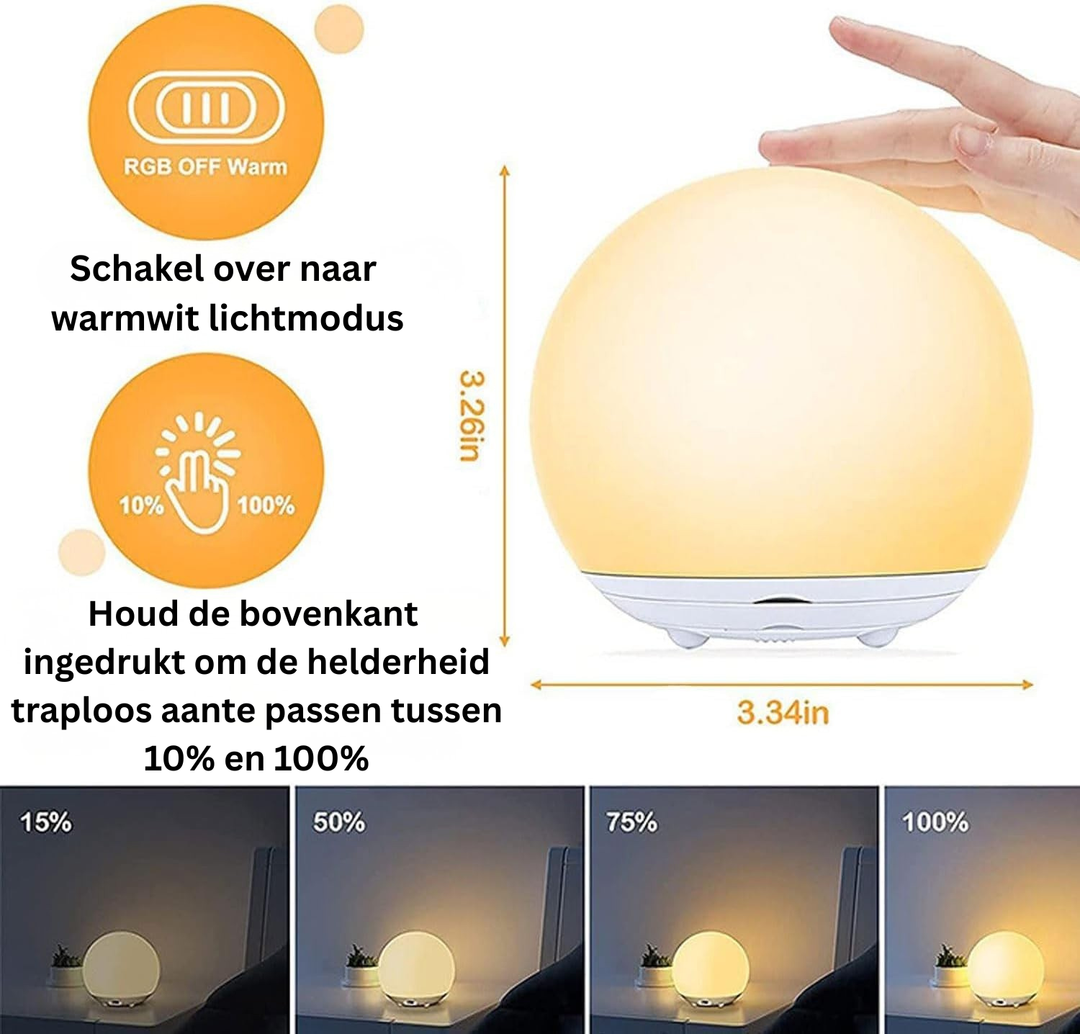 Oogvriendelijk dimbaar nachtlampje van siliconen, ideaal voor rustige nachten in baby- of kinderkamer.