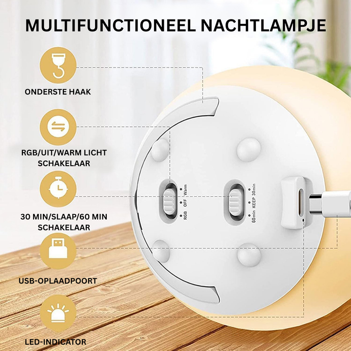 Draadloos USB oplaadbaar siliconen nachtlampje voor baby; zacht en veilig in kinderkamer.