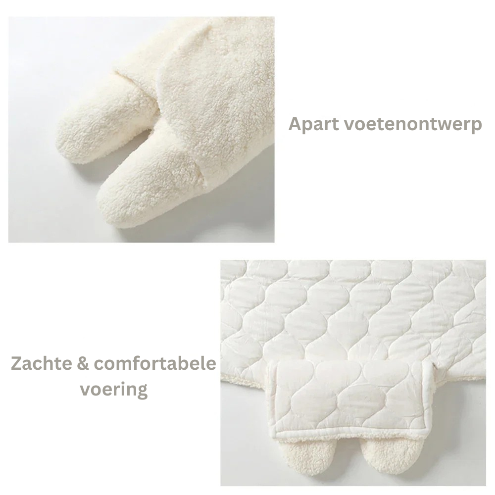 Pluizige, zachte wikkeldeken in neutrale kleur; warm en huidvriendelijk voor gevoelige babyhuidjes.