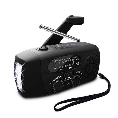 Zelfaangedreven noodradio met handopwinder, zonnepaneel, krachtige zaklamp en powerbank voor noodgevallen outdoor.
