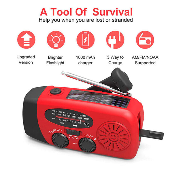 Ergonomische, zelfaangedreven noodradio, makkelijk mee te nemen in rugzak voor noodgevallen en outdoor.