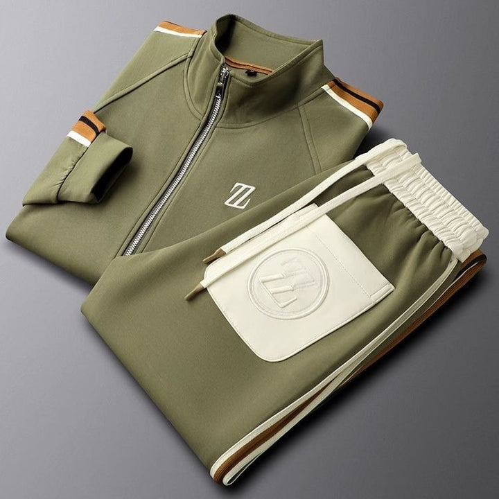 "Zephyr premium tracksuit met sportieve strepen, zachte lycra stof, elastische pasvorm, perfecte voor sport en vrije tijd."