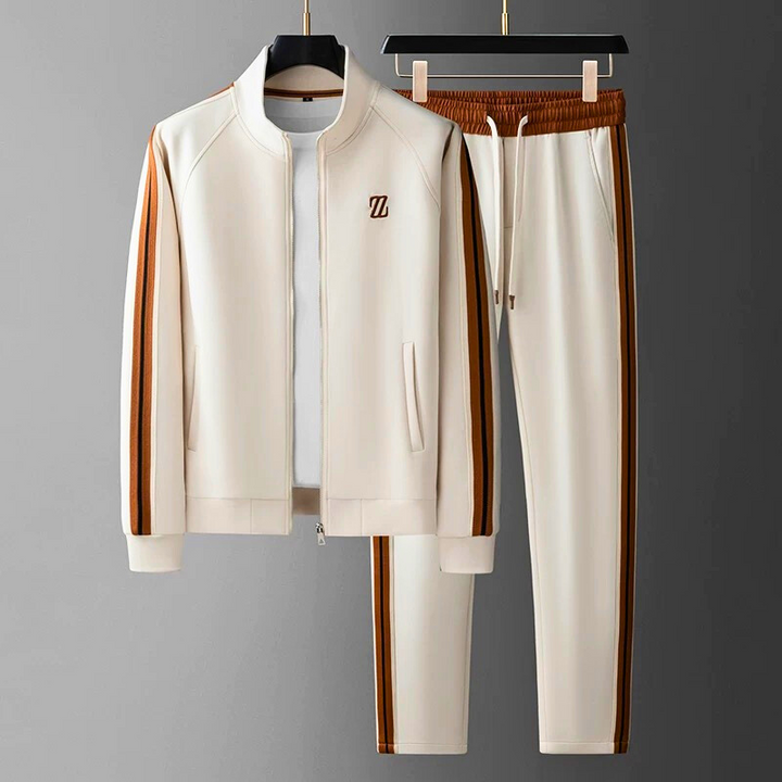 "Zephyr premium tracksuit met sportieve strepen, zachte lycra stof, elastische pasvorm, perfecte voor sport en vrije tijd."