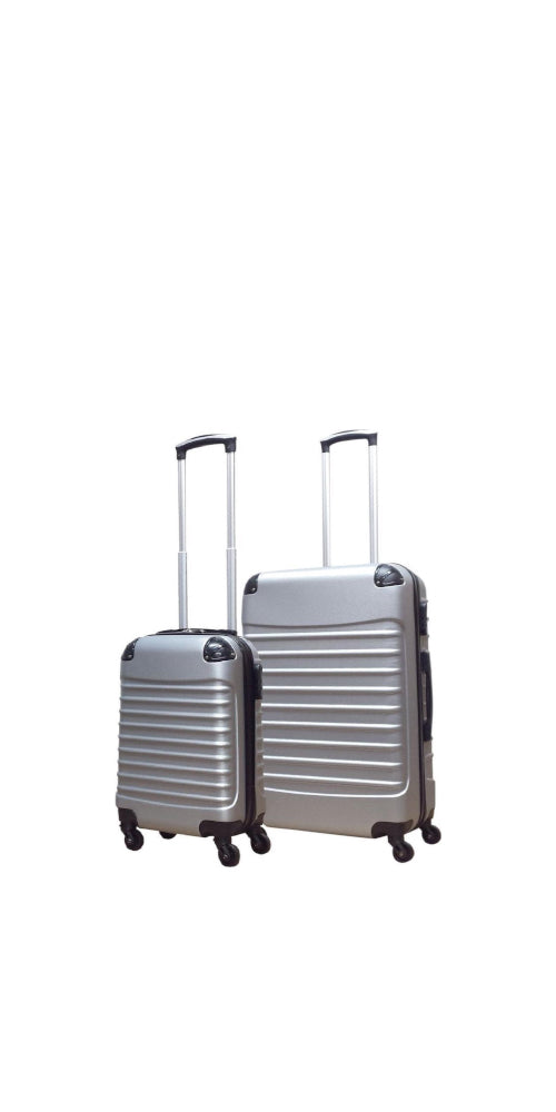 Zilveren 2-delige hardshell kofferset met trolleys voor comfortabel reizen. Lichtgewicht en duurzaam.